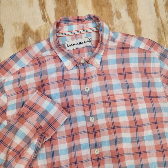 The Normal Brand Men's Small Button Down Long Sleeve Cotton Pink Plaid‎ Shirt - Picture 1 of 7